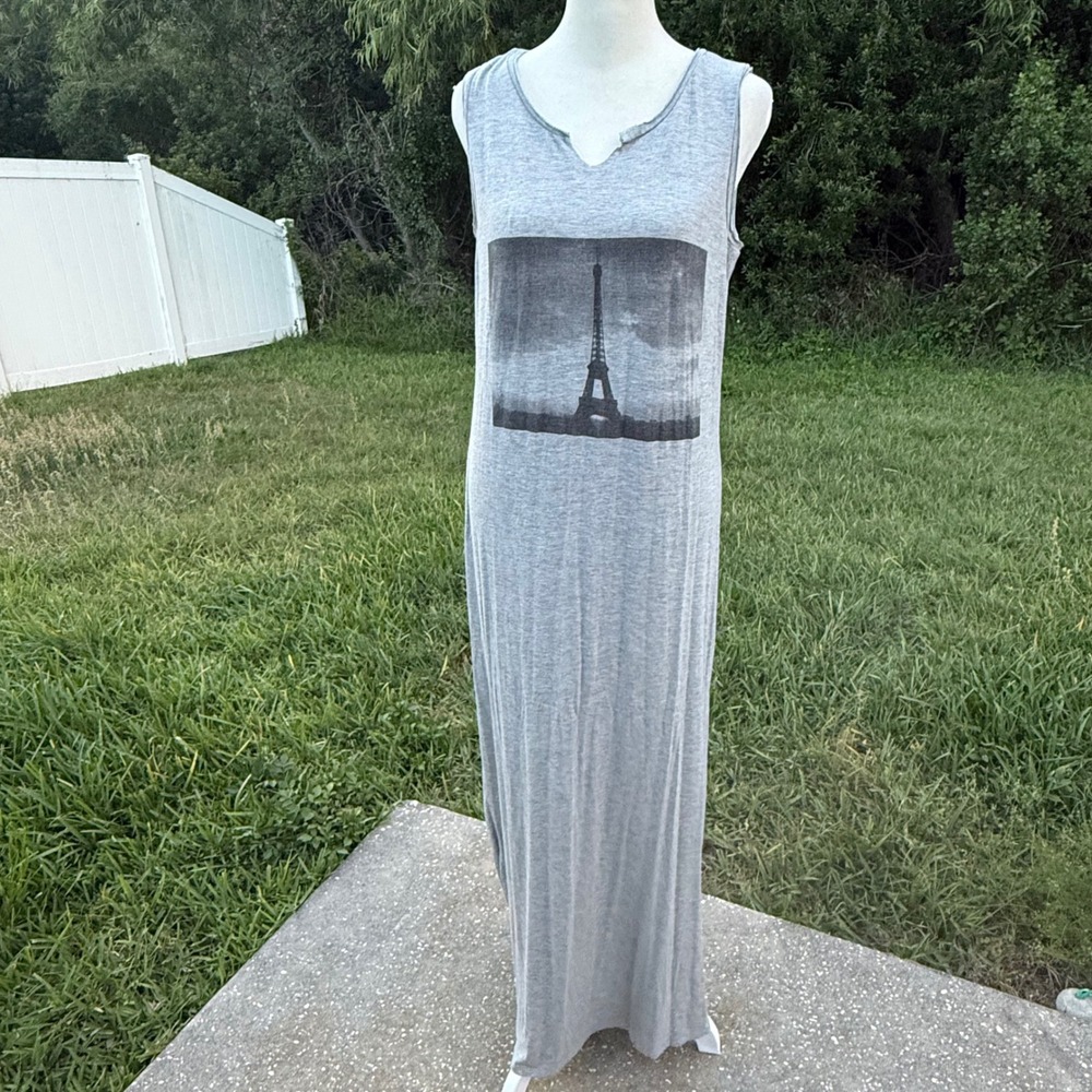 Graphic Maxi Dress Womens XL Gray Eiffel Tower Sleeveless Casual Lounge